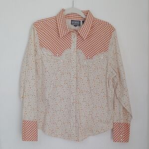 VTG Roughrider Womens Pearl Snap Button Shirt Sz XL White Floral Western Cowgirl